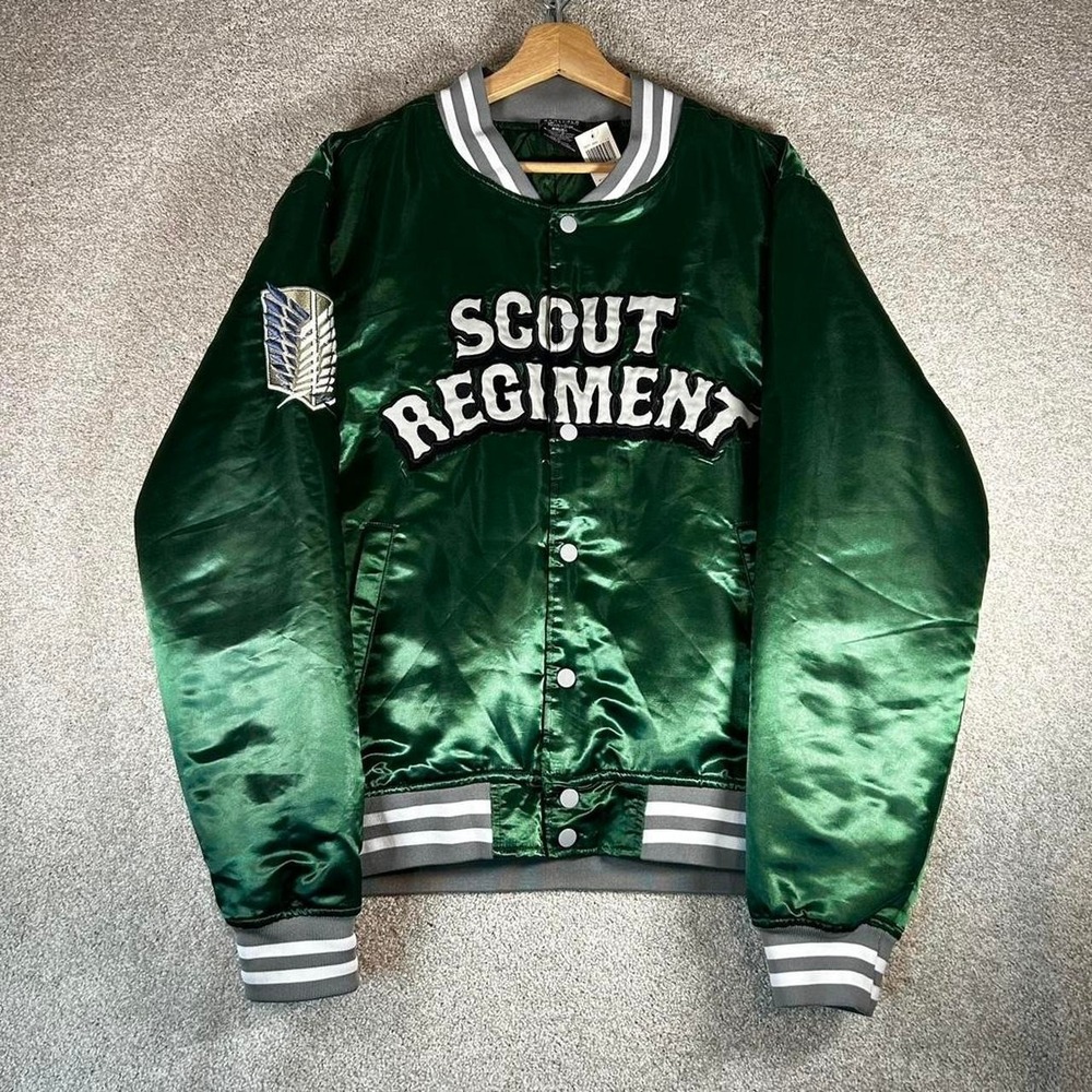 Attack on titan anime box lunch green satin bomber jacket BNWT size M